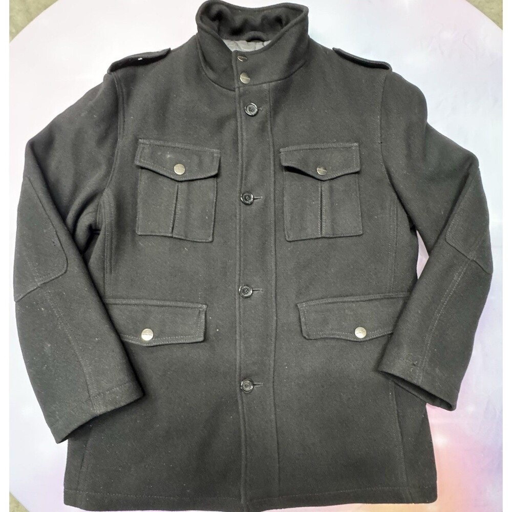 Michael Kors Black Wool Coat Mens Sz L Military Style Steampunk Shoulder Straps
